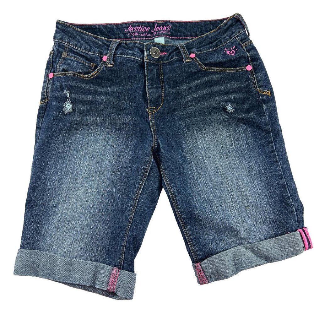 Justice Jeans Denim Shorts Girls Size 16R Blue Pink Details Stretch Barbiecore